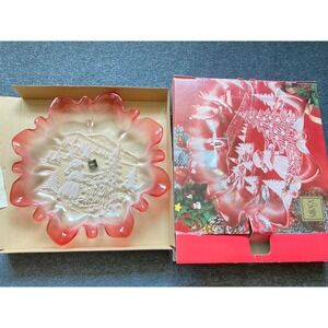 VTG Mikasa Christmas Story Red Frosted Glass Serving Platter, Ruffled Edge Decor